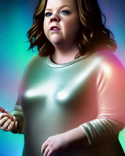 Prompt: Full potrait of Melissa McCarthy as an angel, hyper realistic, prismatic highlights, atmosphere, gorgeous, depth of field, cinematic, macro, concept art, 50mm, artstation, wlop, elegant, epic, weta digital, focus, octane render, v-ray, 8k, kodak portra, art by Liberatore