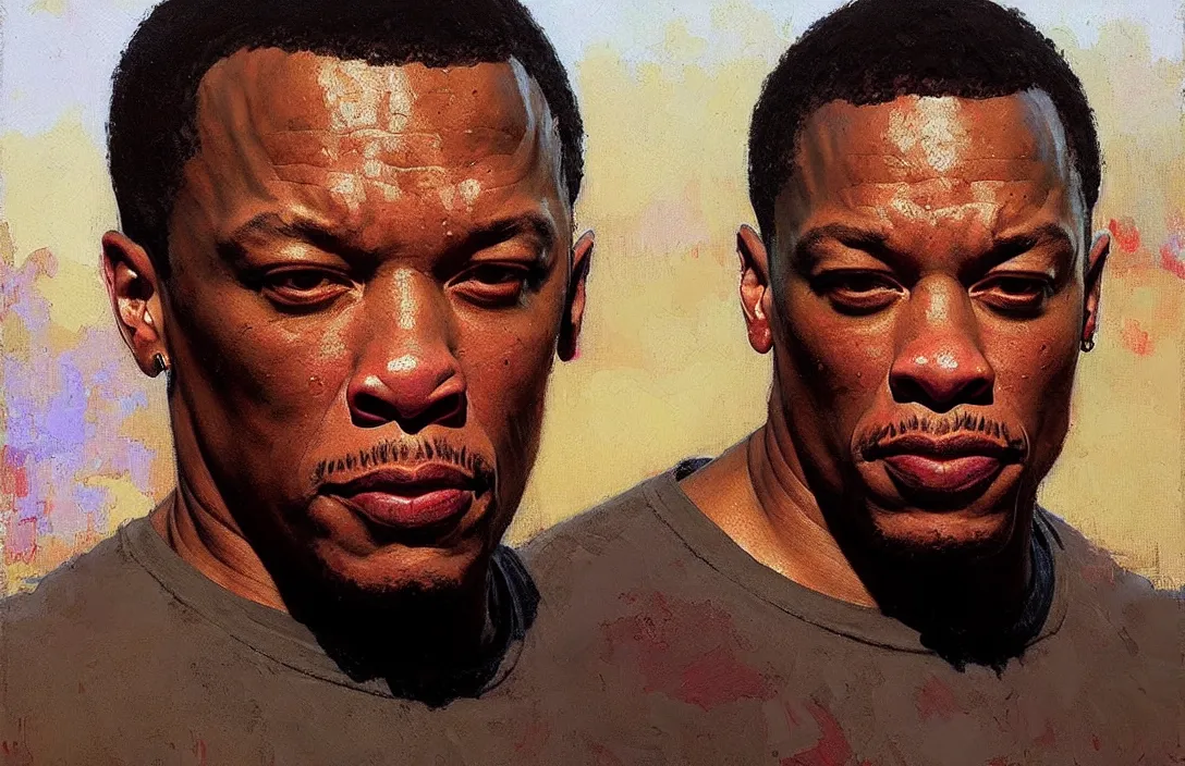 Image similar to portrait of dr dre!!!!!!!!!!!!!!!!!!!!!!!!!!!, detailed face, detailed painting,, epic lighting, by ilya repin, phil hale and kent williams