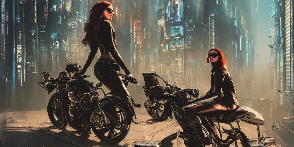 Prompt: portrait of a young beautiful cyberpunk woman with sunglasses on a motorbike driving away down the a street neuromancer, megacity, gorgeous view, depth, high detail, digital art, painted by greg rutkowski & seb mckinnon, trending on artstation