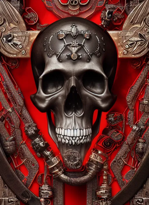 Prompt: 3d render ultra detailed of a skull, art deco, steam punk, intricate details, hyperrealistic, ultra detailed, elegant, octane render, black and red, 8k, trending on Artstation, unreal engine