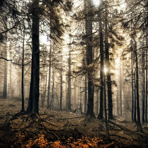 Prompt: professional photograph of a forest covered in melted silver and gold, high quality, cinematic lighting, hd, 4 k, 8 k