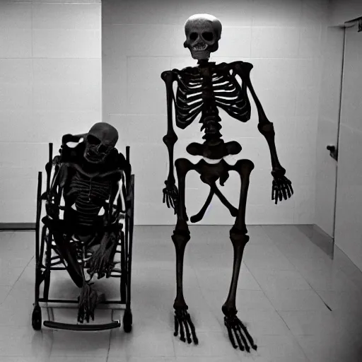 Image similar to a skeleton is wheeled by. to go to hospital. cinematic 3 5 mm