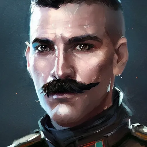 Prompt: portrait of a man by greg rutkowski, british features, short black hair in military style, moustache, tall, star wars expanded, universe, he is about 5 0 years old, wearing imperial captain uniform, artstation hq