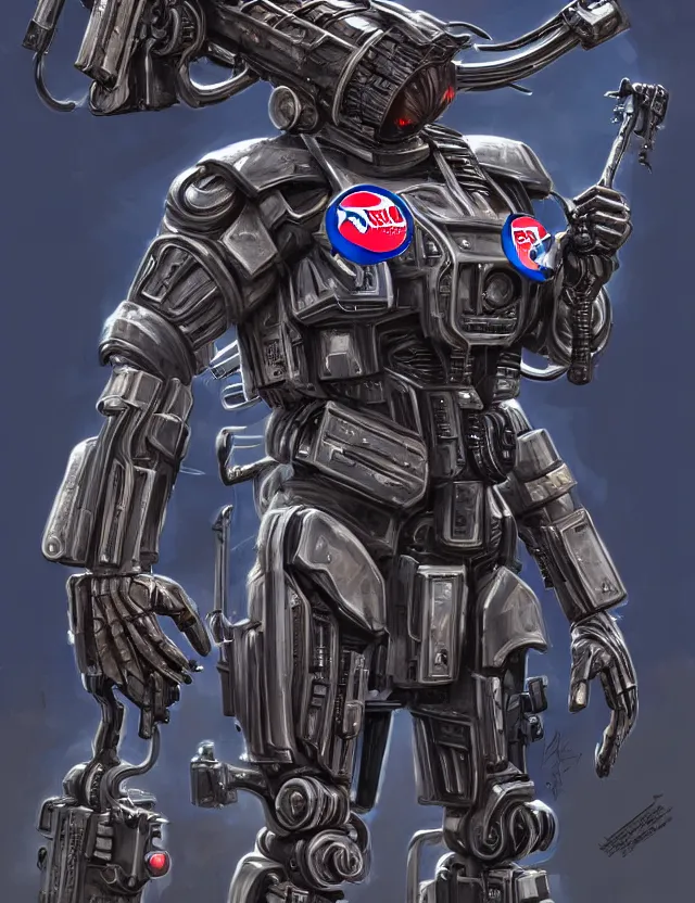 Prompt: a portrait of a tactical exoskeleton with miniguns painted in the pepsi logo, by moebius and tyler edlin and hr giger, trending on artstation, digital art, 4 k resolution, detailed, high quality, sharp focus, hq artwork, coherent, insane detail, concept art