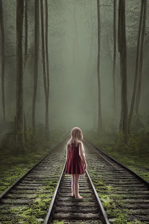 Image similar to Girl standing on the left at the old train station looking forward to the train, old train heading to station with lights on, dense creepy forest with a lot of detail, the tracks covered with vegetation, 50mm photo, highly detailed, hyper realistic, matte painting, 4k, 8k resolution, trending on artstation, octane render, unreal engine, cinematic