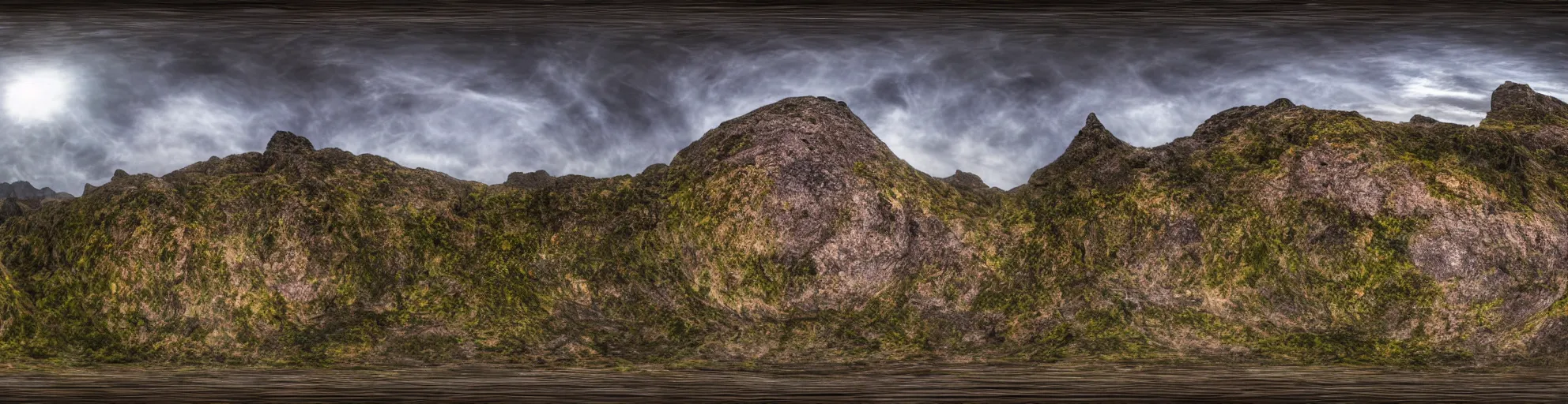 Prompt: spherical panorama photo of fantasy dark magical mountains 5 0 mm