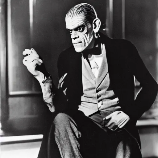 Image similar to boris karloff as frankenstein, dressed in a thirties suit and bowtie