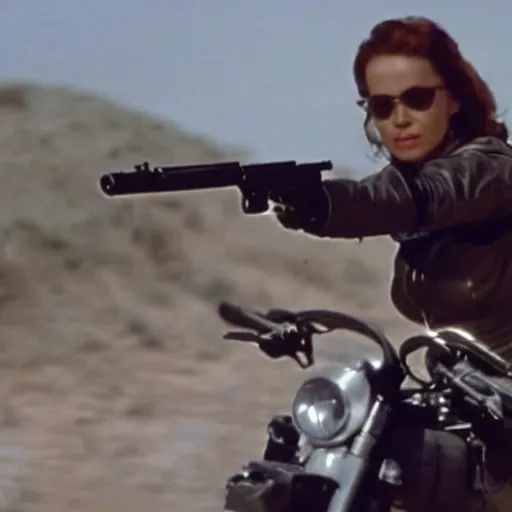 Image similar to A film still of a female Terminator holding a gun and riding a motorcycle