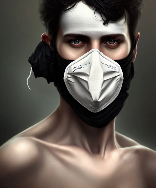 Prompt: white man with black fabric medical mask, short dark hair, highly detailed face!!!, true anatomy!, extremely detailed!, digital painting, unreal engine 5, art by tom bagshaw