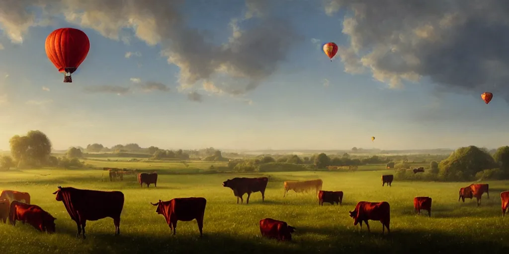 Image similar to a red hot air balloon flies above a field of cattle on a beautiful summer morning, English countryside, fields, cows, matte painting by Greg rutkowski, early morning light, trending on artstation, cinematic lighting, deviantart,