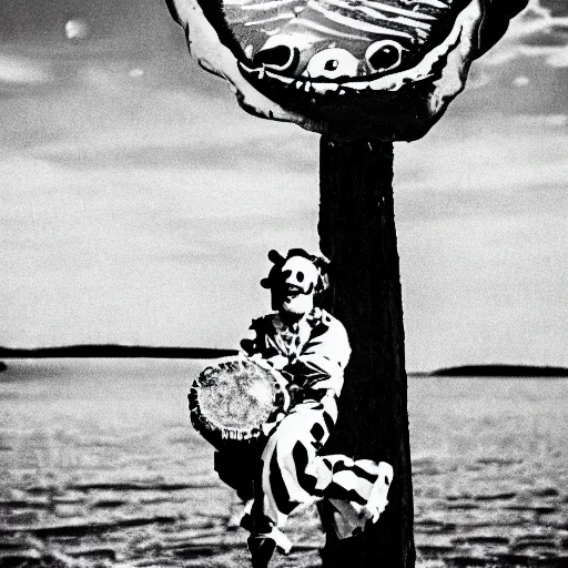 Image similar to clown, eating fish, moon, high res, sky diamonds, film grain