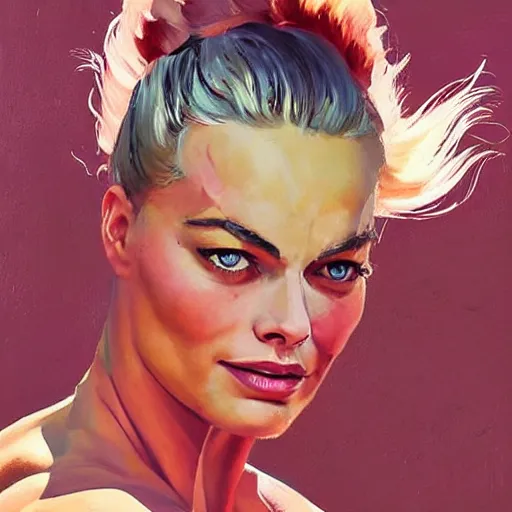 Image similar to greg manchess portrait of margot robbie as thick muscular weightlifter zarya from overwatch with ponytail and curly pink hair, medium shot, asymmetrical, profile picture, organic painting, sunny day, matte painting, bold shapes, hard edges, street art, trending on artstation, by huang guangjian and gil elvgren and sachin teng