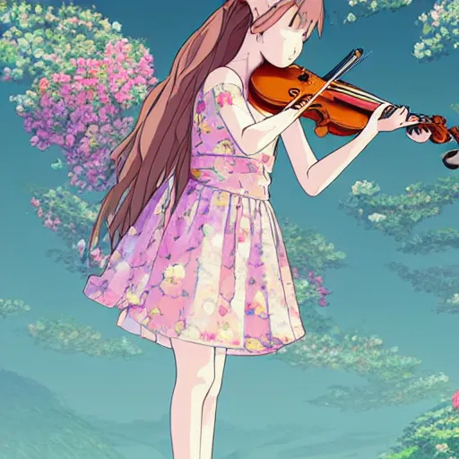 Image similar to cell shaded key visual of a young girl in a floral playing dress the violin in the style of studio ghibli, moebius, makoto shinkai,