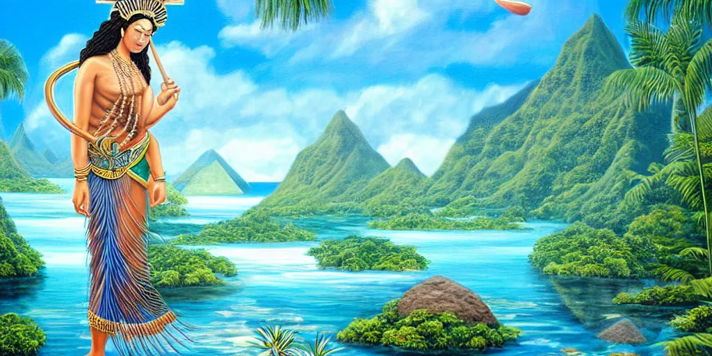 Image similar to polynesian peace goddess, crystal clear lemuria sunken architectural marvels, crisp realistic fantasy art painting