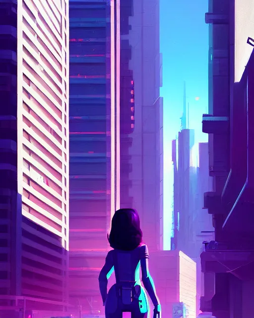 Image similar to a woman walking down a street next to tall buildings, cyberpunk art by james gilleard, cgsociety, photorealism, speedpainting, artstation hq, artstation hd