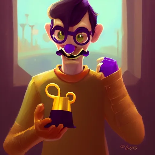 Image similar to waluigi holding golden cup, by lois van baarle, greg rutkowski, artstation, digital art, high detailed, high quality,