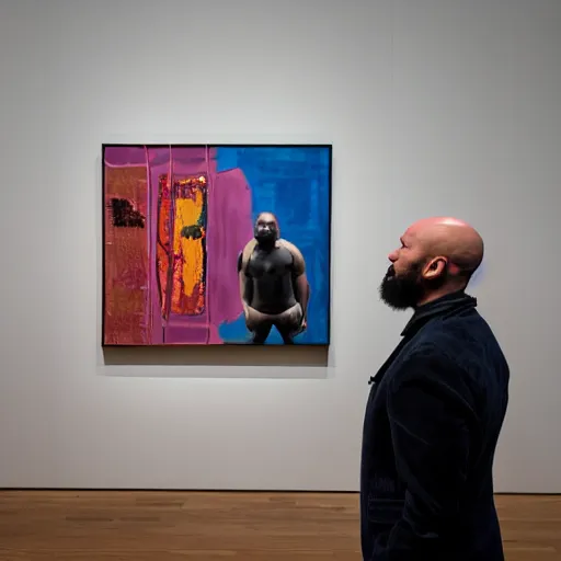 Image similar to a strikingly handsome bald 🧔🏿‍♂️ with a goatee viewing contemporary artwork at the Hirschhorn museum