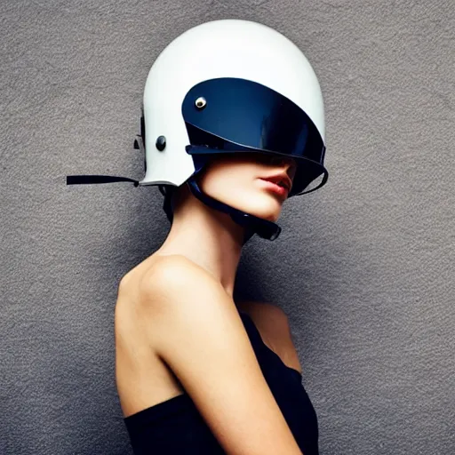 Image similar to high fashion helmet worn by a slender female model