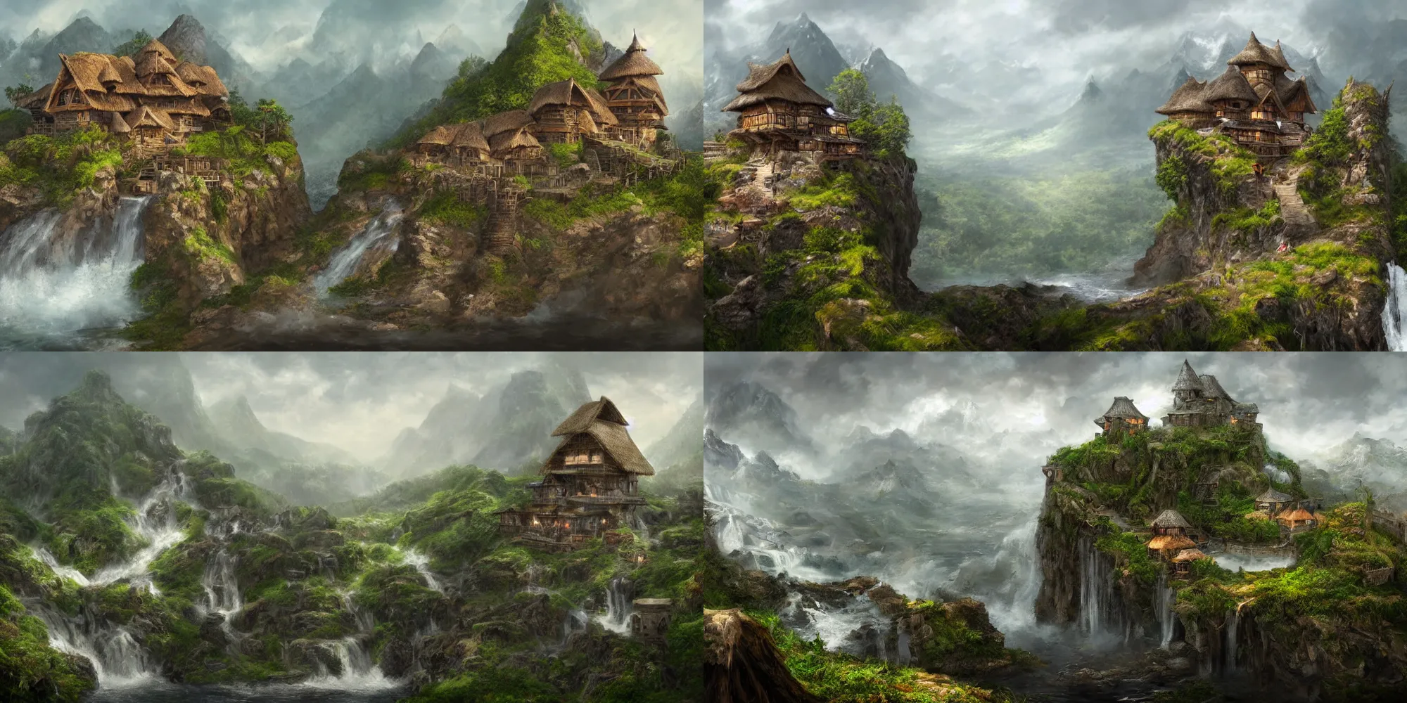 Prompt: Wide shot, hyperdetailed masterpiece concept art of a wooden fortress with thatched roof on the top of a mountain, with a waterfall nearby, 4k Detailed Matte Illustration trending on ArtStation