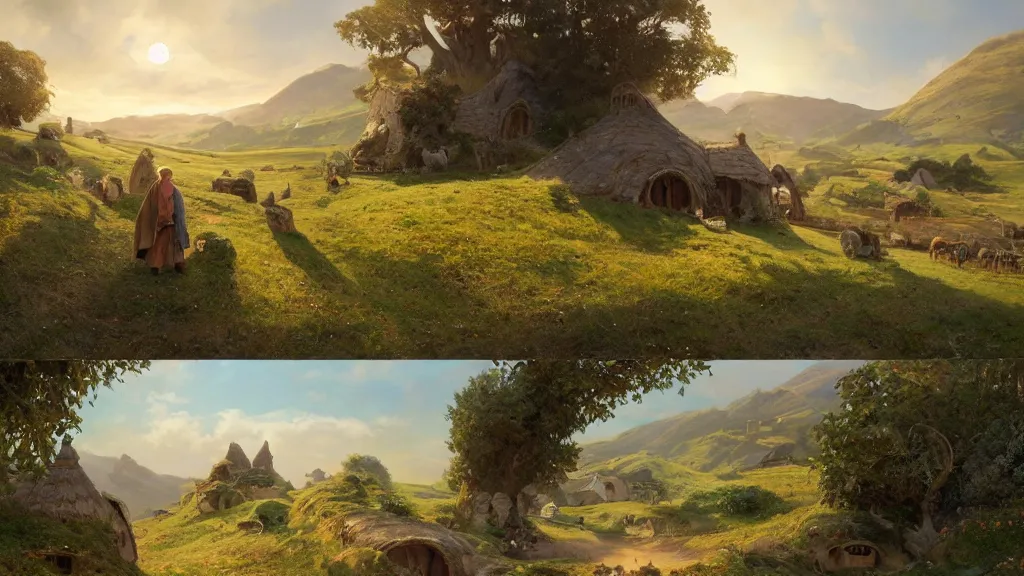 Prompt: a beautiful painting of hills in the shire with round hobbit doors and windows in them, with a young hobbit shepherd driving fat sheep, at sunrise, intricate, elegant, highly detailed, digital painting, artstation, concept art, by krenz cushart and artem demura and alphonse mucha