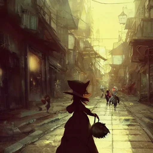 Prompt: anime key visual of a little witch with her capybara mascot walking through busy cities, cinematic lighting, dramatic atmosphere, by dustin nguyen, akihiko yoshida, greg tocchini, greg rutkowski, cliff chiang, 4 k resolution, craig mullins