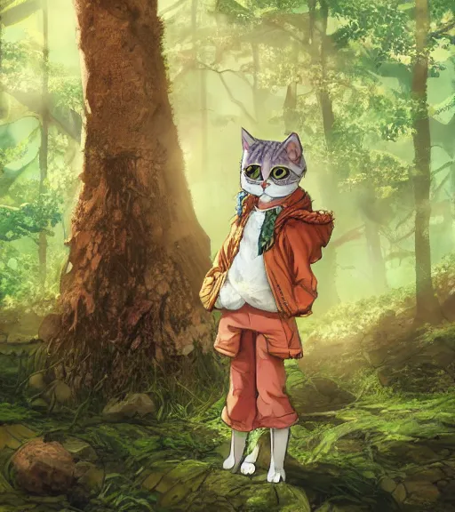 Prompt: character portrait of the anthro anthropomorphic cat head animal person fursona wearing clothes standing in the bright forest, hidari, color page, tankoban, 4 k, tone mapping, akihiko yoshida