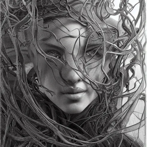 Prompt: charcoal painting of a sculpture, distorted, vines, abstract, creepy, intricate, elegant, highly detailed, ray tracing, digital painting, artstation, concept art, art by artgerm and greg rutkowski and alphonse mucha, 8 k