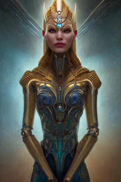 Image similar to portrait of a beautiful female hybrid cyborg atlantean anubis hada elsa jean alien warrior, regal, realistic, refined, detailed, digital art, jessica rossier, michael cheval, esao andrews, steampunk, walt disney ( 1 9 3 7 ), francois boucher, oil painting, highly detailed, cinematic lighting, unreal engine, 8 k, hd