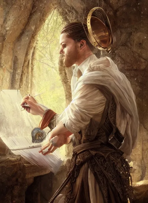 Image similar to realistic portrait painting of a male fantasy bard, old mystic ruins, afternoon, intricate, elegant, highly detailed, digital painting, sharp, focus, by artgerm and greg rutkowski
