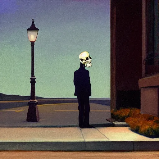 Image similar to a painting of a lonely man with a skull as his head waiting for the bus at night, green dramatic and cinematic light from the streetlight, the sky is full of stars, in the style of edward hopper, 4 k,