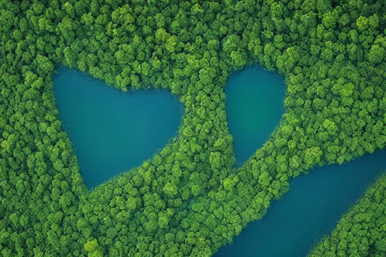 Prompt: a gigantic lake with a detailed heart shape in the middle of a green forest, aerial photography by yann arthus bertrand