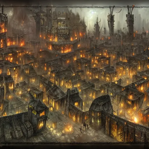 Image similar to dystopic medieval fantasy city, crowded streets, warhammer fantasy, rats, matte painting style, orthographic