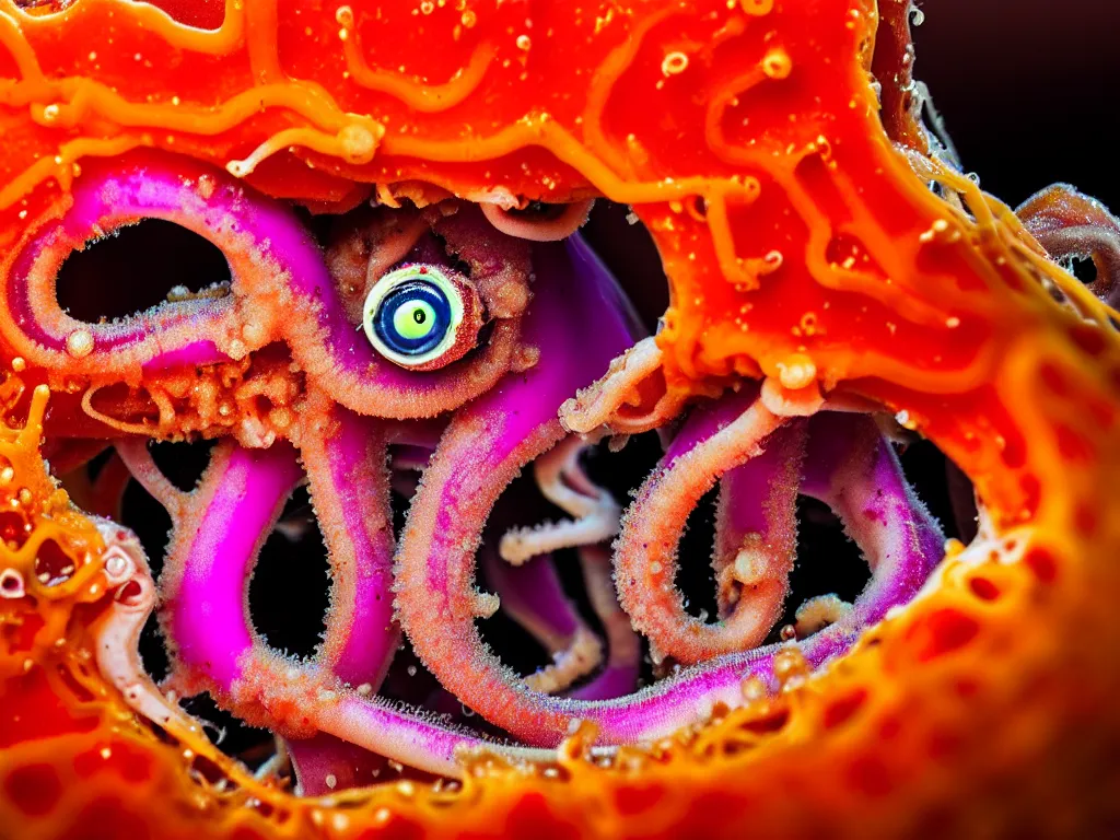 Image similar to a perfect portrait of a cross section of a squid with tiny humans burrowing wormlike through its juicy interior. macro extreme, eye popping wet colours.