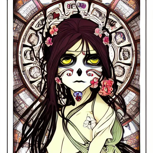 Prompt: anime manga skull portrait young woman skullmask mask fairytale comic skeleton illustration style by Alphonse Mucha pop art nouveau