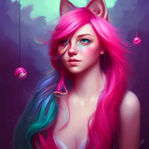 Prompt: colorful and festive cat with pink hair,. rich vivid colors, ambient lighting, dynamic lighting, 4 k, atmospheric lighting, painted, intricate, highly detailed by charlie bowater