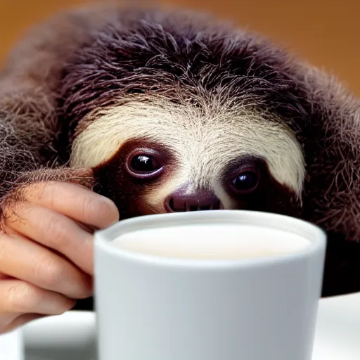 Prompt: An adorable baby sloth in a hat working at his job as a computer programmer, drinking a cup of coffee, 4k photograph