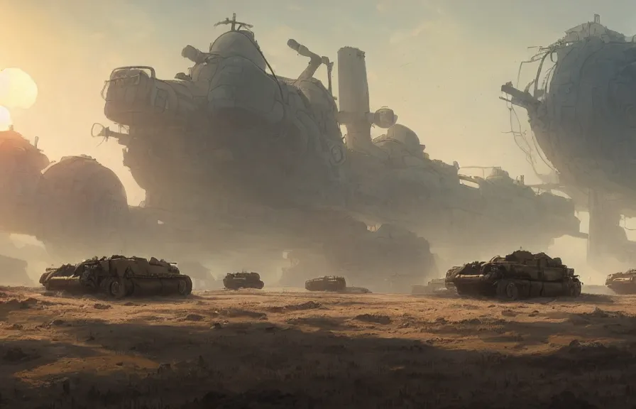 Image similar to concept art of a dusty field with ruined dieselpunk orcish tanks in the background, bomb craters, smoke, key visual, ambient lighting, highly detailed, digital painting, artstation, concept art, sharp focus, by makoto shinkai and akihiko yoshida and hidari and wlop