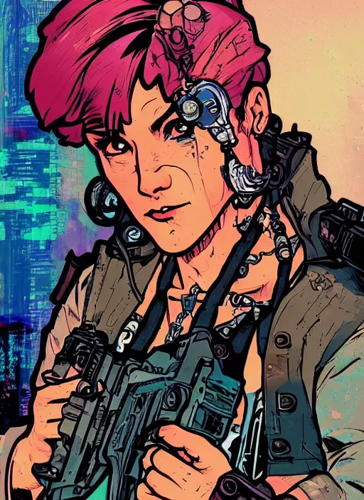 Image similar to maria. buff cyberpunk mercenary. portrait illustration, pop art, splash painting, art by ashley wood, alphonse mucha, laurie greasley and josan gonzales