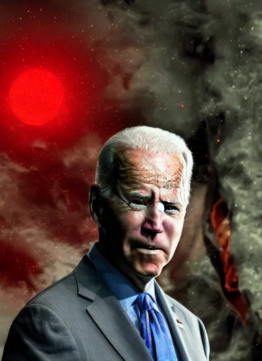 Image similar to hyper realistic ultra realistic omnipotent photo furious red glowing eyes biden, high quality photo, detailed , 8k