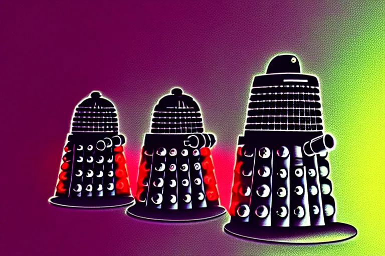 Image similar to daleks!, in the style of john avon and derek riggs and eva widermann, trending on artstation, halfrear lighting closeup view anaglyph filter, bokeh, anime, colored pencil art, belle epoque