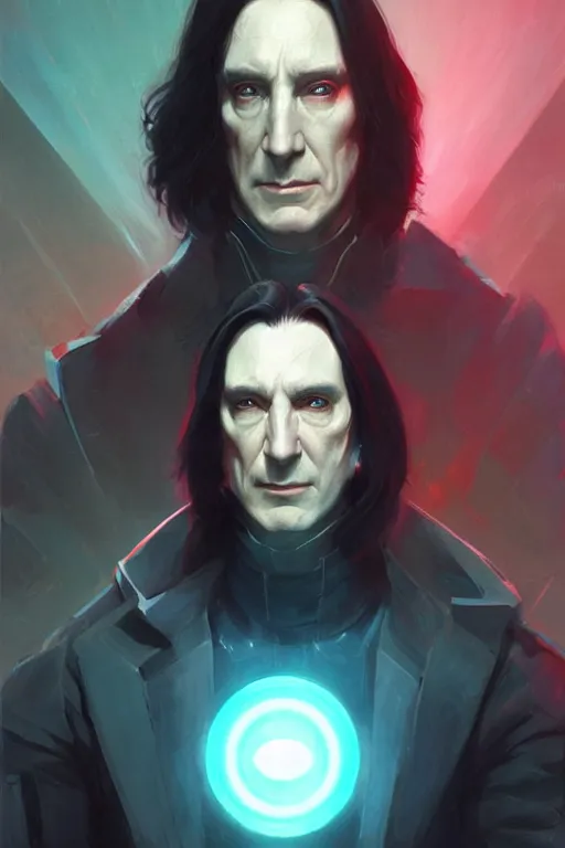 Image similar to portrait of cyborg severus snape in cyberpunk, neon lighting, night city, digital art from artstation by Ruan Jia and Mandy Jurgens and Artgerm and william-adolphe bouguereau and Greg Rutkowski