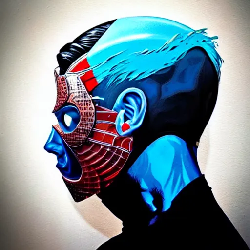 Image similar to a portrait of a back man with side profile blood in ocean intricate details :: side profile :: futuristic mask :: by MARVEL comics and Sandra Chevrier