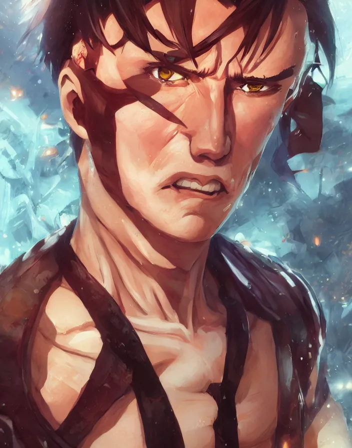 Image similar to anime portrait of nicolas cage as a muscular anime boy by Stanley Artgerm Lau, WLOP, Rossdraws, James Jean, Andrei Riabovitchev, Marc Simonetti, and Sakimichan, trending on artstation
