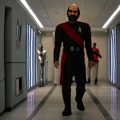 Image similar to a Klingon standing in a Star Trek Federation hallway