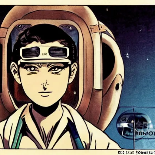 Image similar to manga, stoic heroic emotionless handsome butch blonde woman engineer in flight suit, victorian goggles, very short slicked - back hair, anxious and awkward, on the nostromo, alien 1 9 7 9, anime,