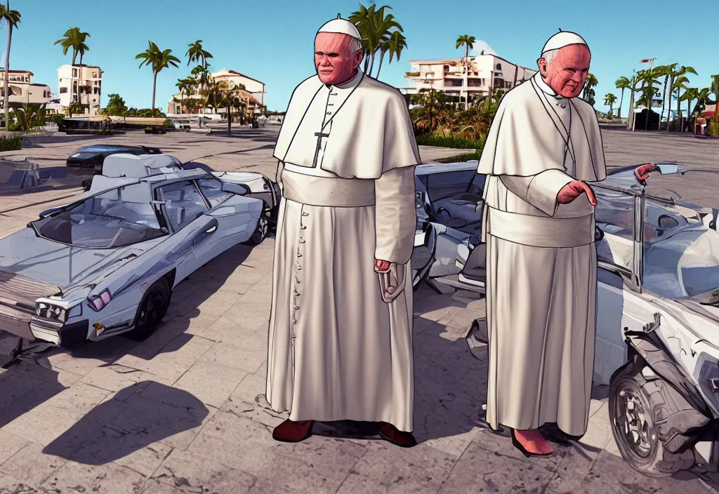 Prompt: pope john paul ii in grand theft auto loading screen, gta art style, illustration, beach, miami, vice city