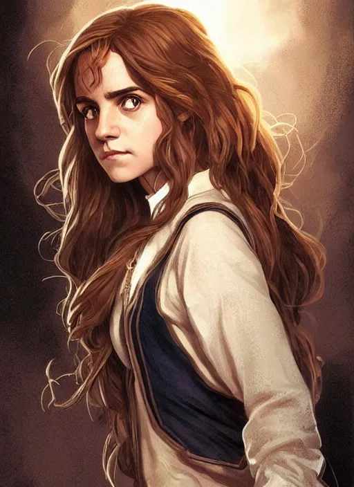 Image similar to hermione! granger! at hogwarts!! by emma watson. beautiful detailed face. by artgerm and greg rutkowski and alphonse mucha