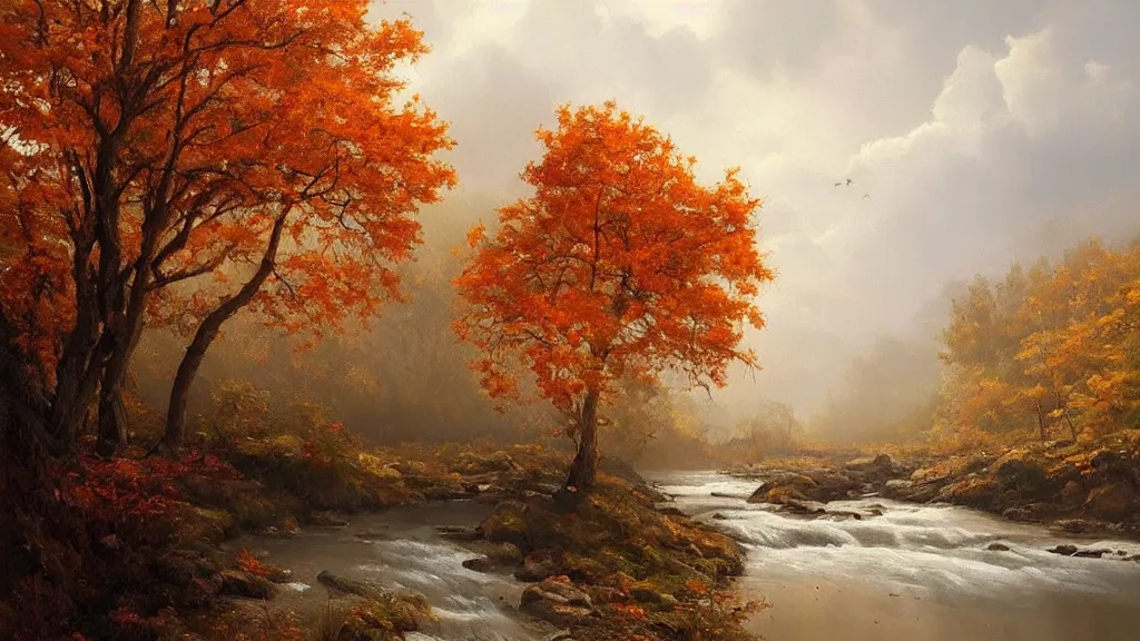 Prompt: A beautiful landscape oil painting of a hill with trees, the fall has arrived and the leafs started to become golden and red, the river is zigzagging and flowing its way, the river has lots of dark grey rocks, by Greg Rutkowski
