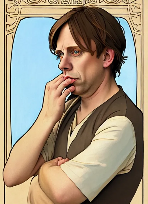 Image similar to art nouveau portrait of geoff rickly with short light brown straw blond hair, light blue eyes, sad expression, scared, head down, shy and demure, natural lighting, path traced, highly detailed, high quality, cartoon, digital painting, by don bluth and ross tran and studio ghibli and alphonse mucha