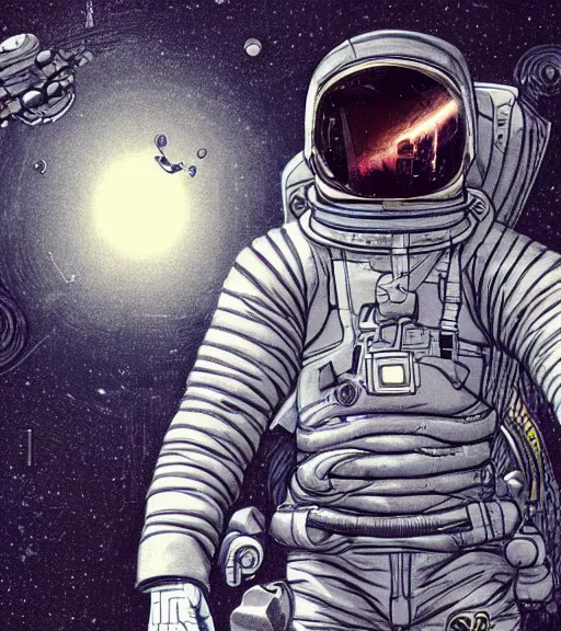 Image similar to a dead space astronaut with long limbs on a spacewalk outside of their ship, techwear, Industrial Scifi, detailed illustration, character portrait, by Martin Grip and Moebius